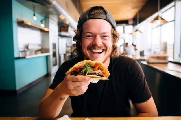 Foto gratuita el hombre de la vista delantera con un delicioso taco