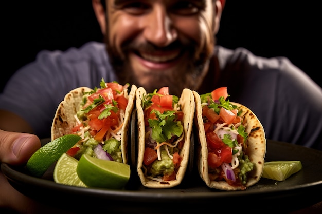 Foto gratuita hombre de vista frontal con deliciosos tacos