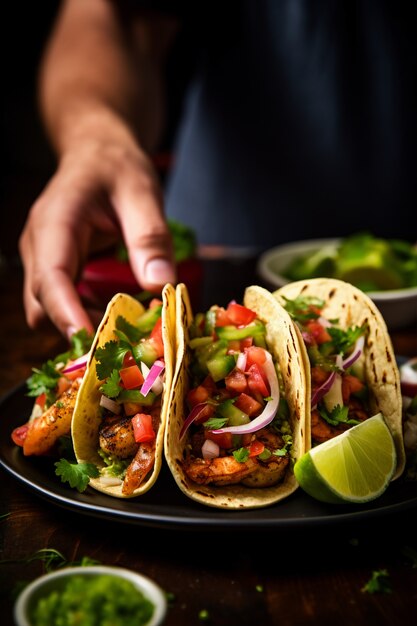 Hombre de vista frontal con deliciosos tacos