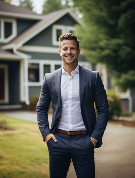 Hombre de vista frontal que trabaja como agente de bienes raíces