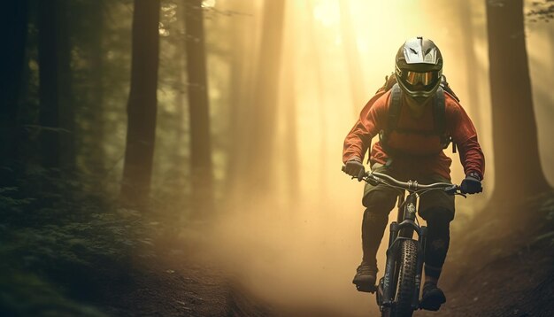 Hombres en bicicleta a través de la aventura de deportes extremos del bosque generada por IA