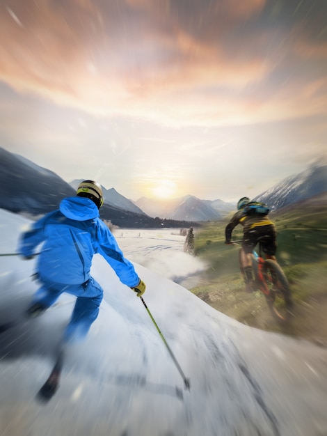 Hombres con bicicletas y esquís verano versus invierno