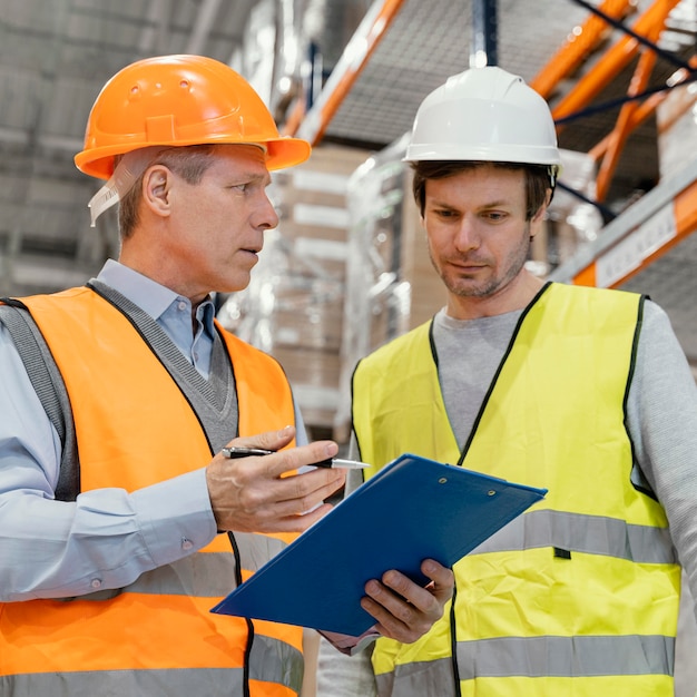 Foto gratuita hombres con casco trabajando logístico.