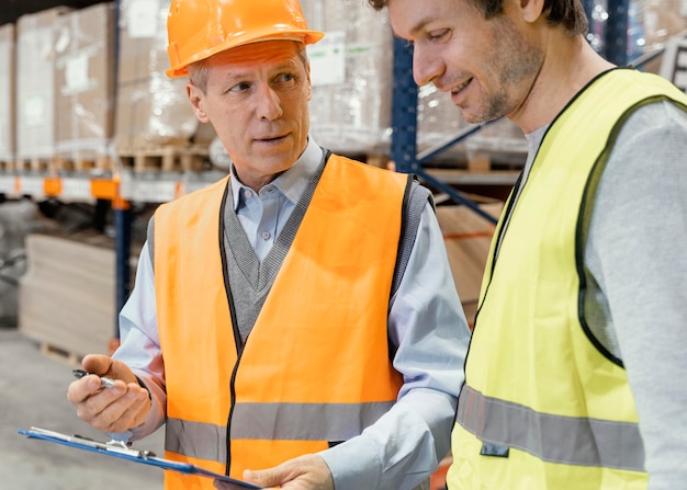 Foto gratuita hombres con casco trabajando logístico.