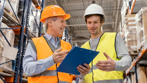 Hombres con casco trabajando logístico.