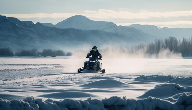 Los hombres conducen un vehículo todoterreno a través de montañas nevadas generadas por IA