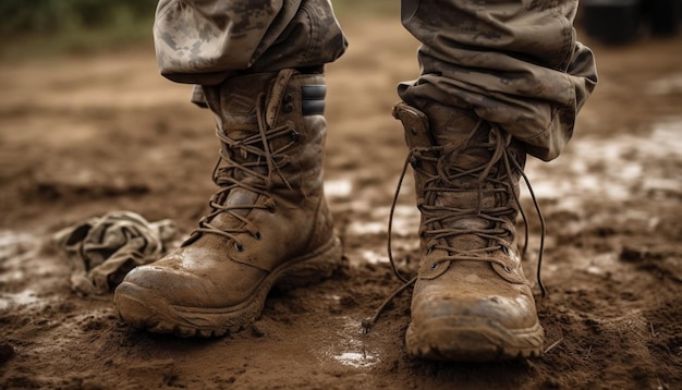 Foto gratuita hombres del ejército caminan a través de un terreno boscoso fangoso generado por ia