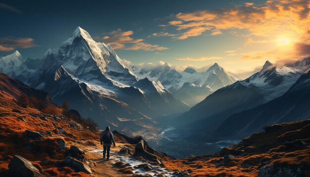 Hombres escalando picos montañosos explorando paisajes majestuosos en terrenos extremos generados por inteligencia artificial
