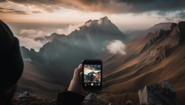 Hombres fotografiando el pico de la montaña al amanecer ayudas tecnológicas generadas por IA