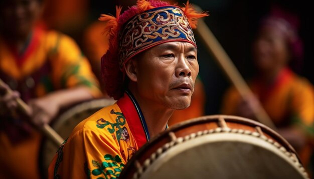 Hombres indígenas vestidos con ropa tradicional tocan percusión en ceremonia balinesa generada por IA