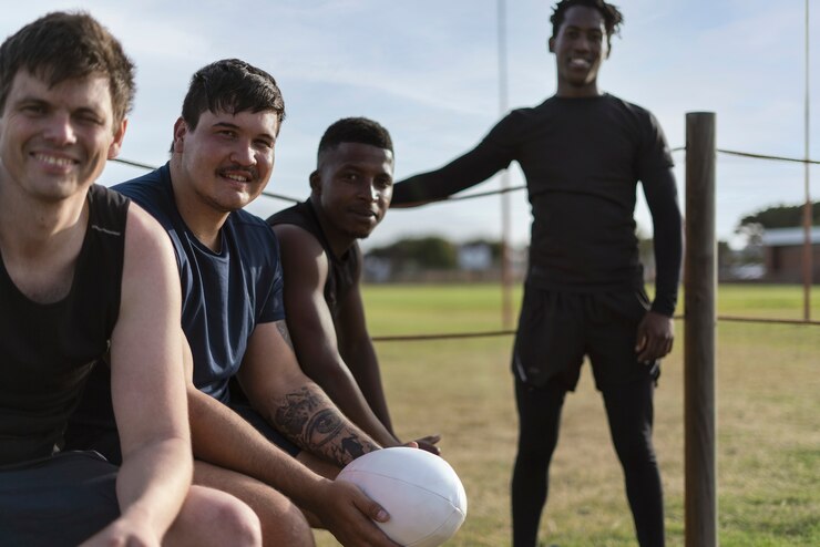 Foto gratuito hombres jugando al rugby en el campo