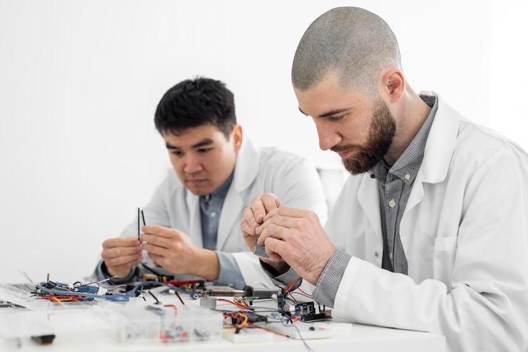 Foto gratuito hombres en el laboratorio haciendo experimentos.