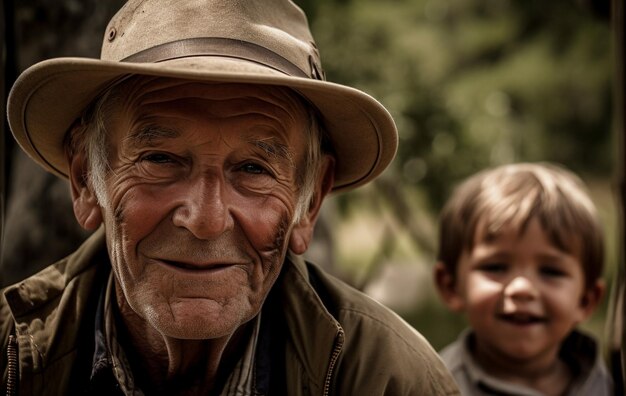 Hombres mayores sonrientes disfrutan de una granja forestal rural generada por IA