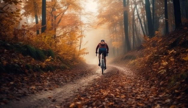 Foto gratuita hombres y mujeres en bicicleta por el bosque otoñal generado por ia