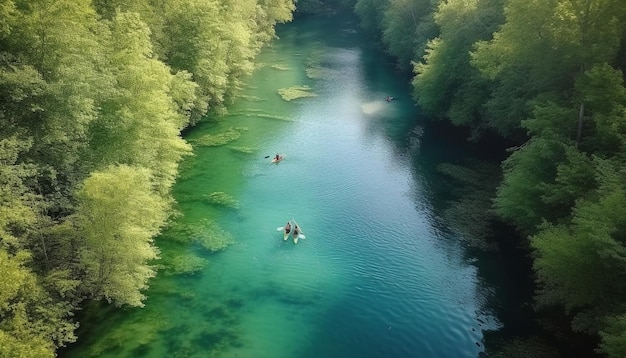 Hombres y mujeres navegando en canoa en un estanque tranquilo generado por IA