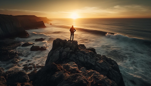 Foto gratuita hombres y mujeres retroiluminados ven la puesta de sol en un acantilado generado por ia