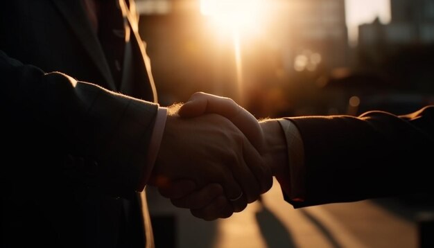 Hombres de negocios exitosos dándose la mano frente a un edificio generado por IA