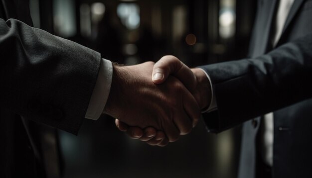 Hombres de negocios exitosos en trajes dándose la mano en un acuerdo comercial corporativo generado por AI