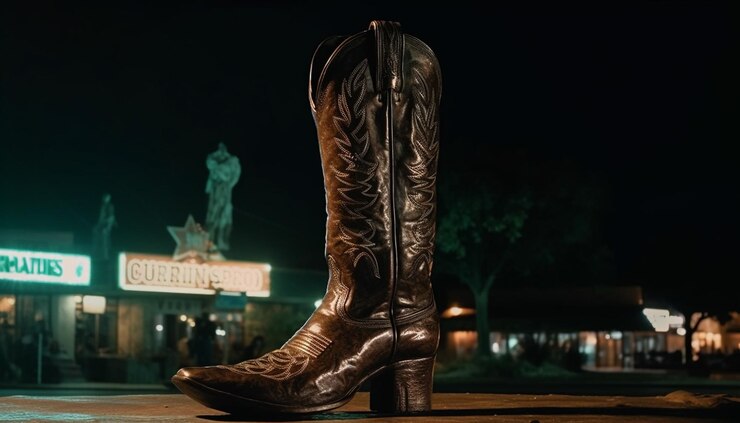 Foto gratuito hombres que caminan con botas de cuero iluminaron el letrero de vida nocturna generado por ia