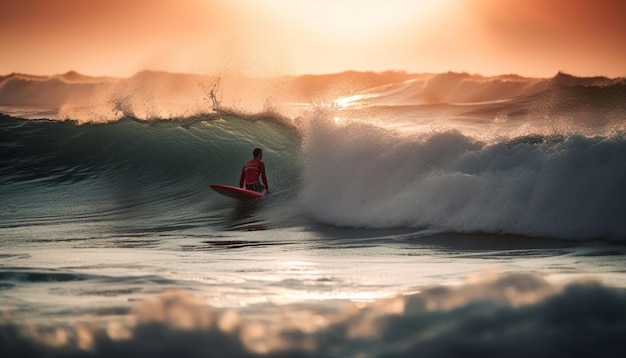 Hombres surfeando al atardecer chapoteando en spray generado por IA