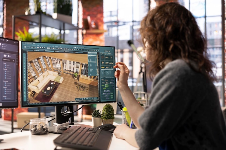 Photo Gratis home design professional uses architectural software to develop a floor plan