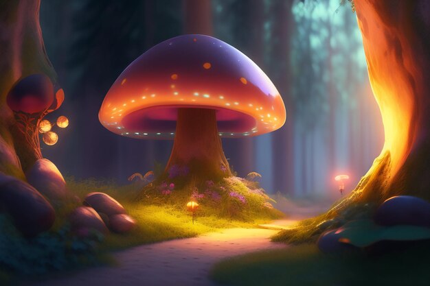 Un hongo en el bosque con una luz encendida.