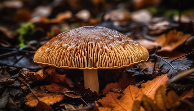 Hongo comestible de crecimiento otoñal fresco en el bosque generado por IA