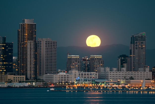 El horizonte del centro de San Diego y la luna llena sobre el agua por la noche