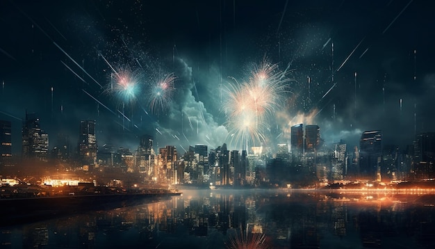 El horizonte de la ciudad explota con un vibrante espectáculo de fuegos artificiales generado por IA