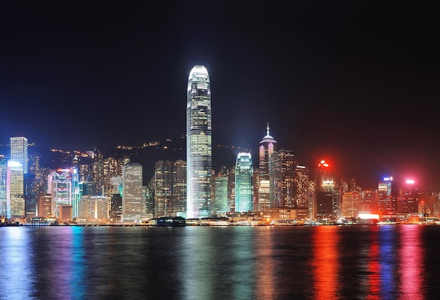 El horizonte de la ciudad de Hong Kong por la noche sobre el puerto Victoria con cielo despejado y rascacielos urbanos.