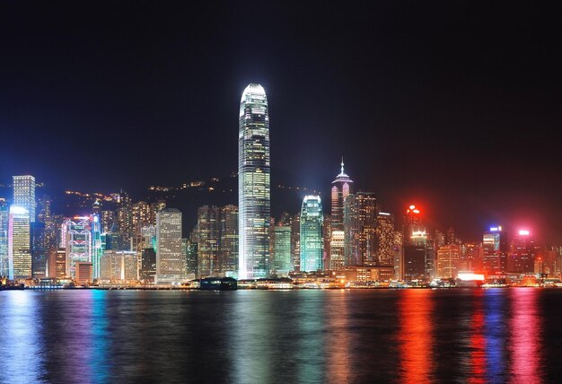 El horizonte de la ciudad de Hong Kong por la noche sobre el puerto Victoria con cielo despejado y rascacielos urbanos.