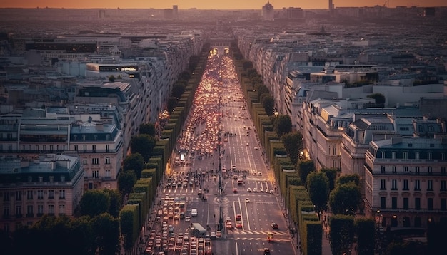 Foto gratuita horizonte de la ciudad iluminado en atasco de tráfico al atardecer generado por ai