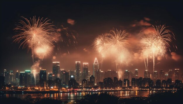 Horizonte de la ciudad iluminado por un vibrante espectáculo de fuegos artificiales generado por IA