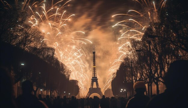 Horizonte de la ciudad que brilla intensamente explotando fuegos artificiales multitud alegre generada por AI