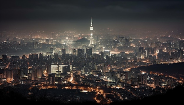 Foto gratuita el horizonte de la ciudad resplandeciente por la noche se refleja en el agua generada por la ia