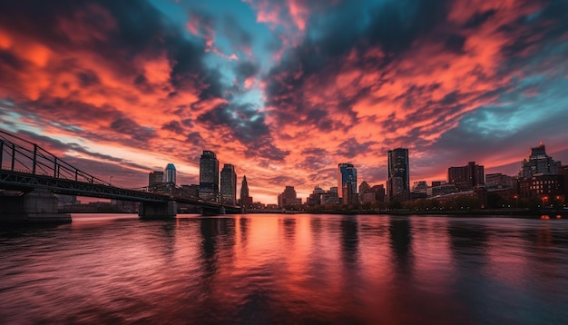 El horizonte de la ciudad de silueta al atardecer se refleja en el agua generada por IA