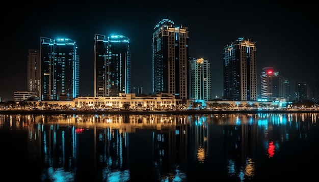Foto gratuita el horizonte nocturno se refleja en el agua la arquitectura moderna ilumina la vida de la ciudad generada por la inteligencia artificial