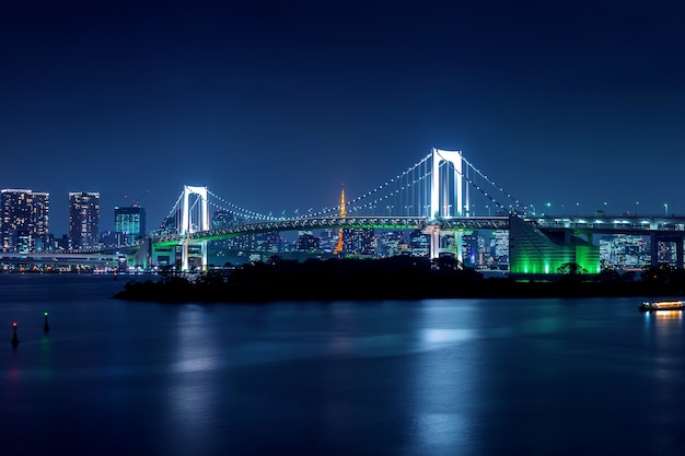 Foto gratuita horizonte de tokio con el puente rainbow y la torre de tokio. tokio, japón.