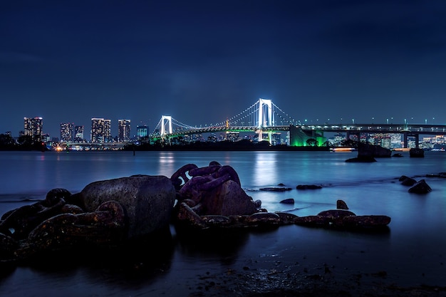 Foto gratuita horizonte de tokio con el puente rainbow y la torre de tokio. tokio, japón.