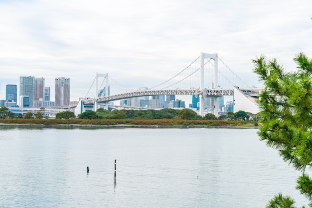 Foto gratuita horizonte de tokio con la torre de tokio y el puente del arco iris.