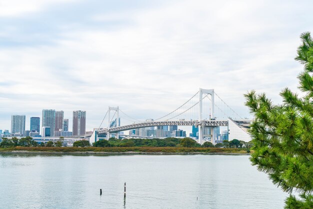 Horizonte de Tokio con la torre de Tokio y el puente del arco iris.