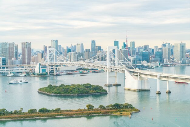 Horizonte de Tokio con la torre de Tokio y el puente del arco iris.