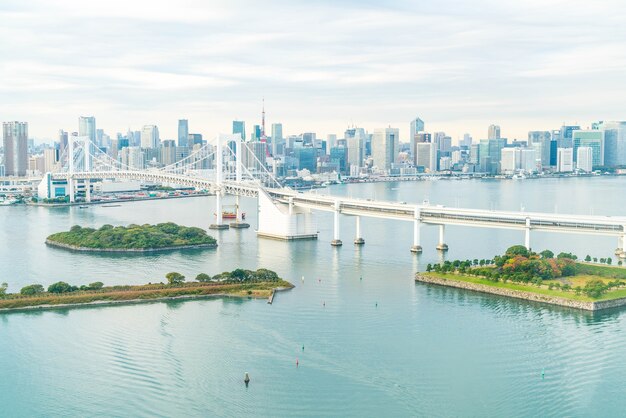 Horizonte de Tokio con la torre de Tokio y el puente del arco iris.