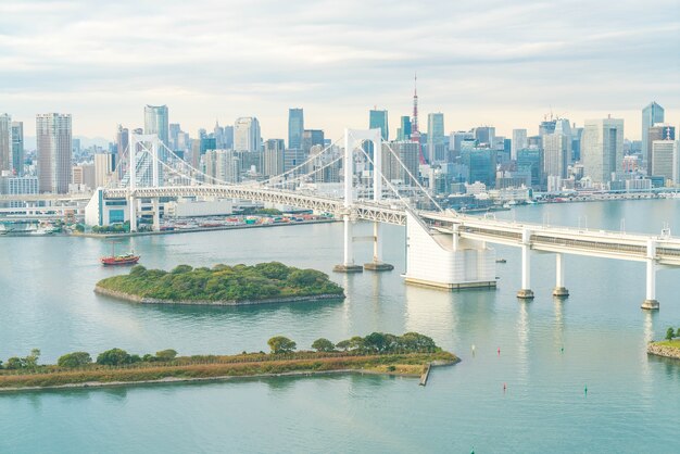 Horizonte de Tokio con la torre de Tokio y el puente del arco iris.