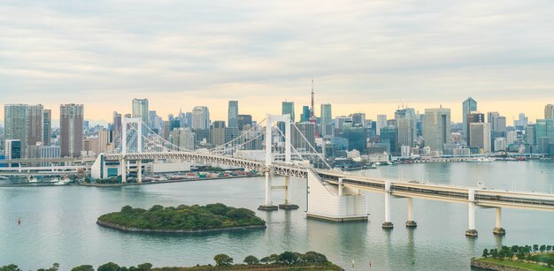 Horizonte de Tokio con la torre de Tokio y el puente del arco iris.