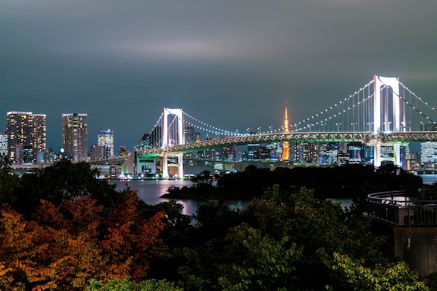 Foto gratuita horizonte de tokio con la torre de tokio y el puente del arco iris.