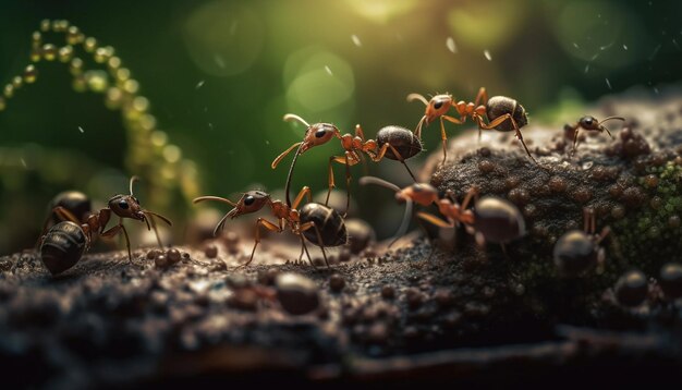 Hormigas de fuego trabajando juntas en hojas verdes generadas por IA