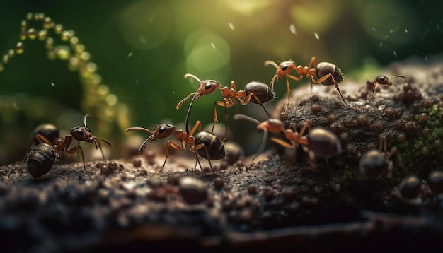Hormigas de fuego trabajando juntas en hojas verdes generadas por IA