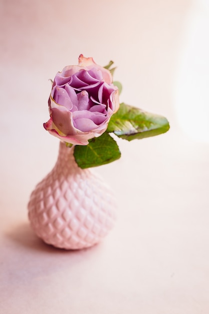 Hortensia violeta colocada en un pequeño vaso de porcelana