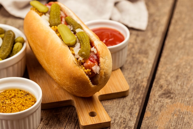 Hot dog de ángulo alto con arreglo de pepinillos